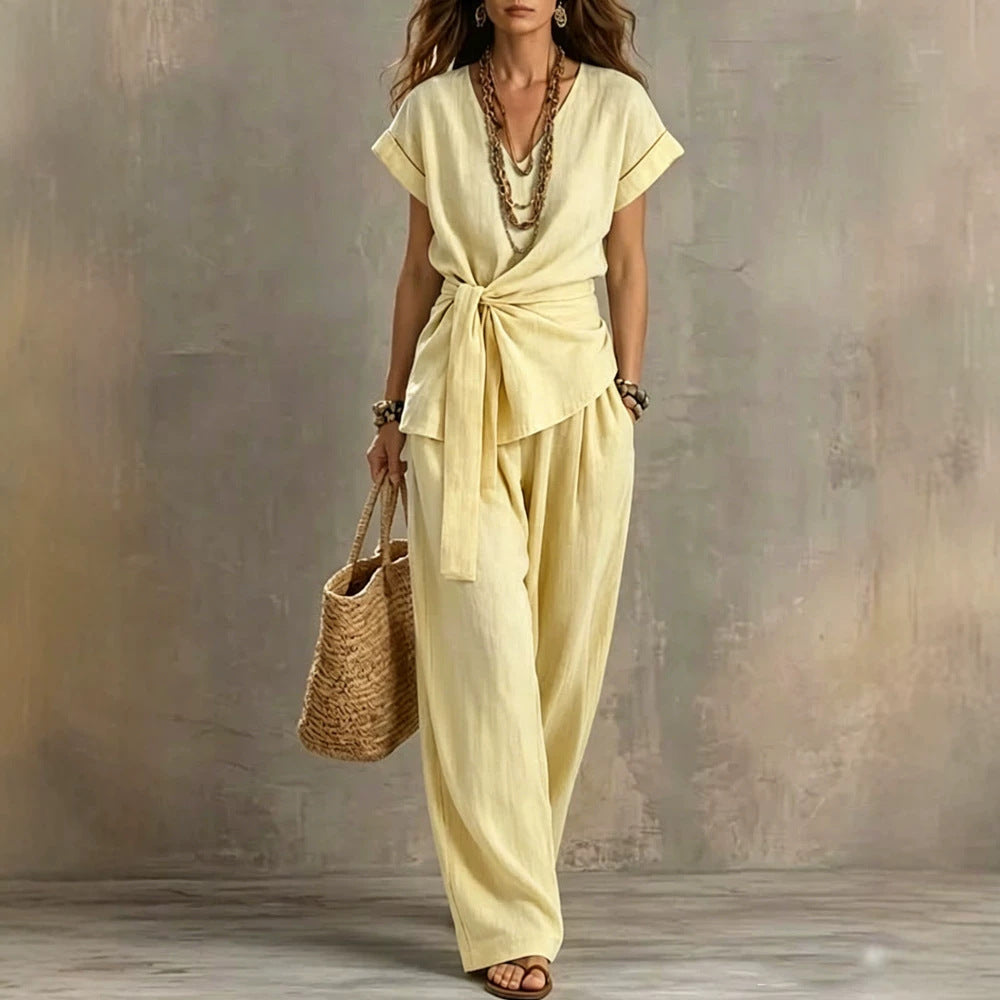 Women's V-Neck Short-Sleeve Top & Pants Two-Piece Set FitiqueFit