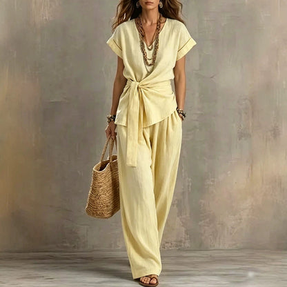 Women's V-Neck Short-Sleeve Top & Pants Two-Piece Set FitiqueFit