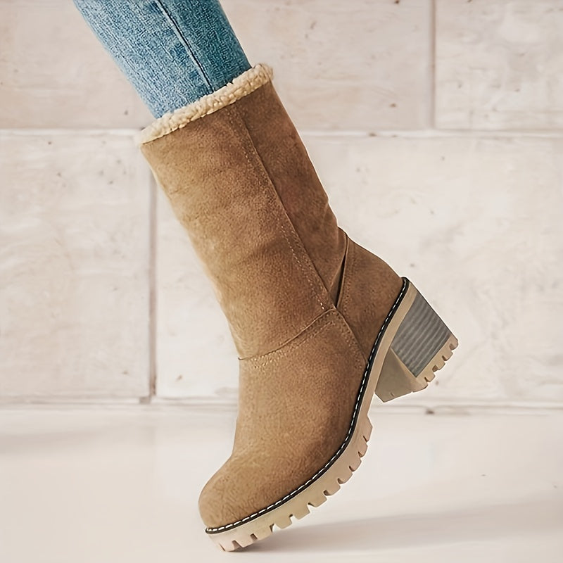 Women's Warm Faux Fur Lined Boots, Slip On Block Heeled Ankle Boots, Women's Footwear NovaCart