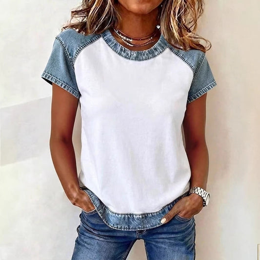 Women's Retro Denim Patchwork Short-Sleeve Shirt – Loose Fit FitiqueFit
