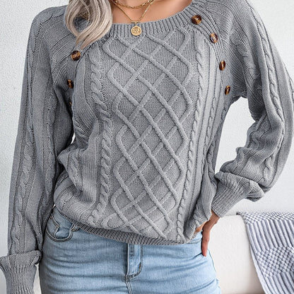 Texture Button Lantern Sleeve Sweater