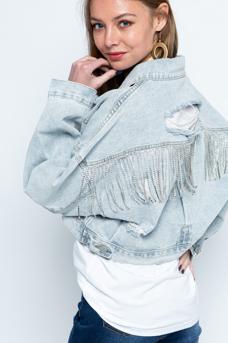 Ripped Rhinestone Denim Jacket Tassel Long Sleeve Denim Jacket See size chart under “more details” The Fashion Celestial