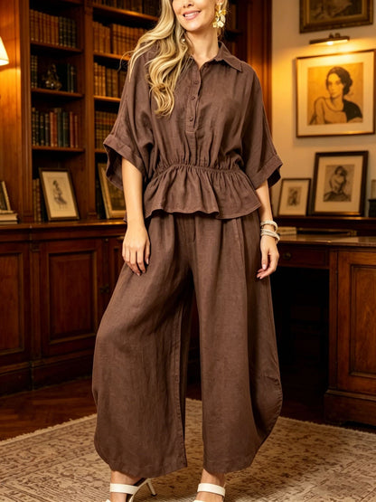 Women's Plus Size Belted Shirt & Wide-Leg Pants Two-Piece Set FitiqueFit