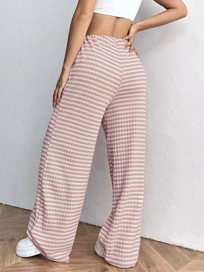Striped Ribbed Knit Drawstring Waist Wide Leg Pants New Era Fashion LLc