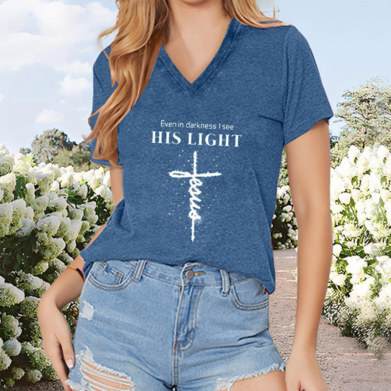 Women's V-Neck T-Shirt Geometric Cross Casual Summer Short Sleeve Top FitiqueFit