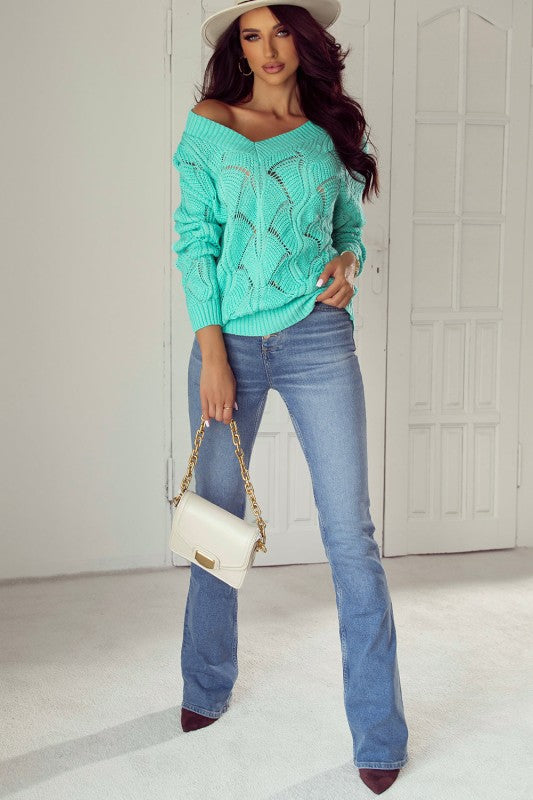 Hollow-Out Knit V-Neck Drop Shoulder Sweater Shop Style & More | Fresh Looks, Everyday Deals & Free Shipping