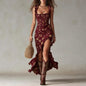Ruffle Trim Asymmetrical Chiffon Maxi Dress – High Slit & High Waist FitiqueFit