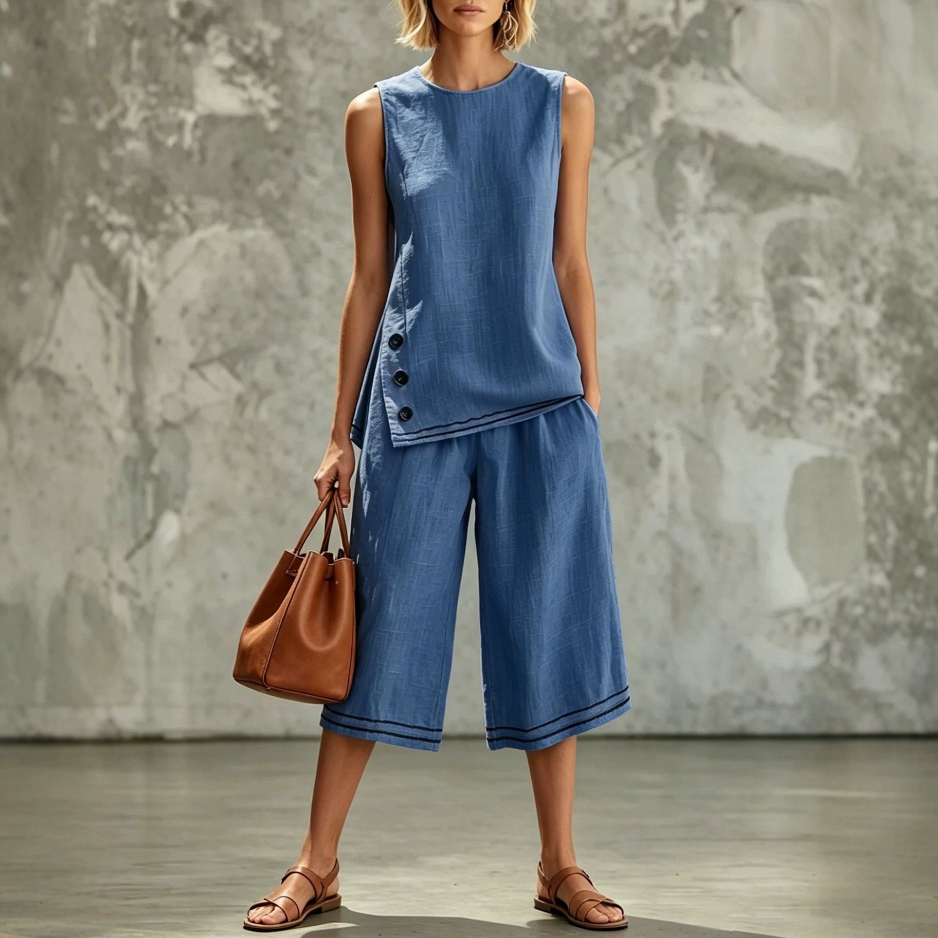 Women's Tank Top & Wide-Leg Pants Set – Side Split, Pockets, Buttons FitiqueFit