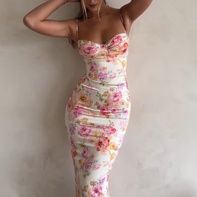 Women’s Floral Bodycon Maxi Dress – Sexy Spaghetti Strap Vacation & Summer Dress FitiqueFit