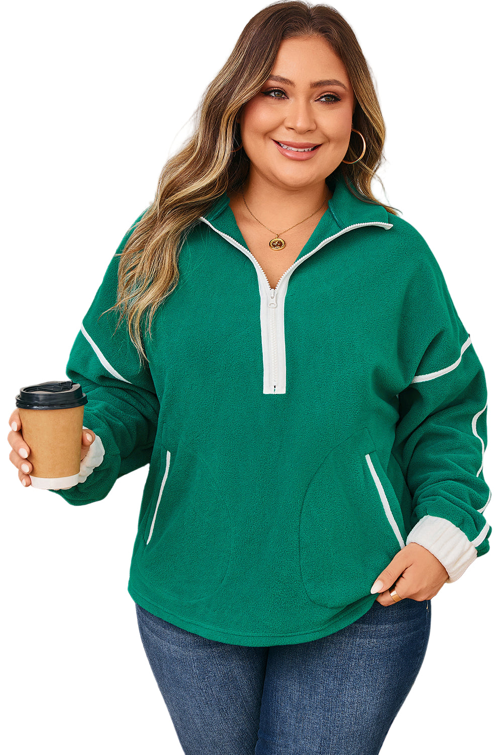 Dark Green Half Zip Contrast Trim Pocketed Plus Size Fleece Sweatshirt Garden Naked Curves