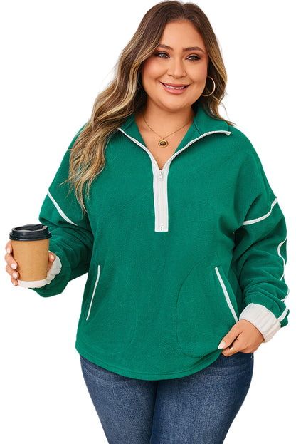 Dark Green Half Zip Contrast Trim Pocketed Plus Size Fleece Sweatshirt Garden Naked Curves