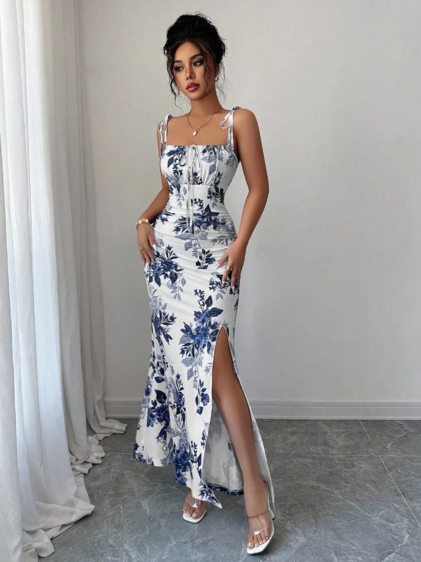 Printed Tie Strap Slit Maxi Dress New Era Fashion LLc