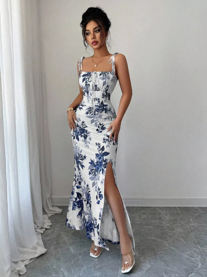Printed Tie Strap Slit Maxi Dress New Era Fashion LLc