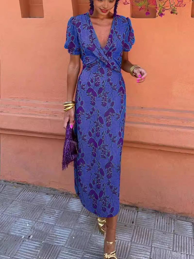 Women's Ruched Maxi Dress – V-Neck Short Sleeve, Form-Fitting Printed Elegant FitiqueFit