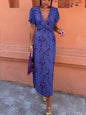 Women's Ruched Maxi Dress – V-Neck Short Sleeve, Form-Fitting Printed Elegant FitiqueFit