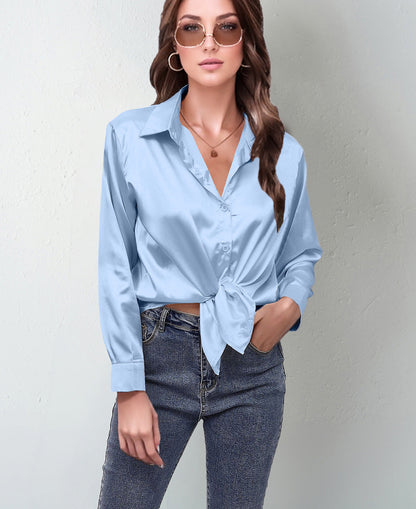 Women’s Satin Lapel Button-Down Blouse FitiqueFit