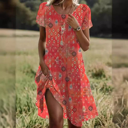 Ethnic Print Midi Dress – Scoop Neck Geometric Pattern Boho Dress FitiqueFit