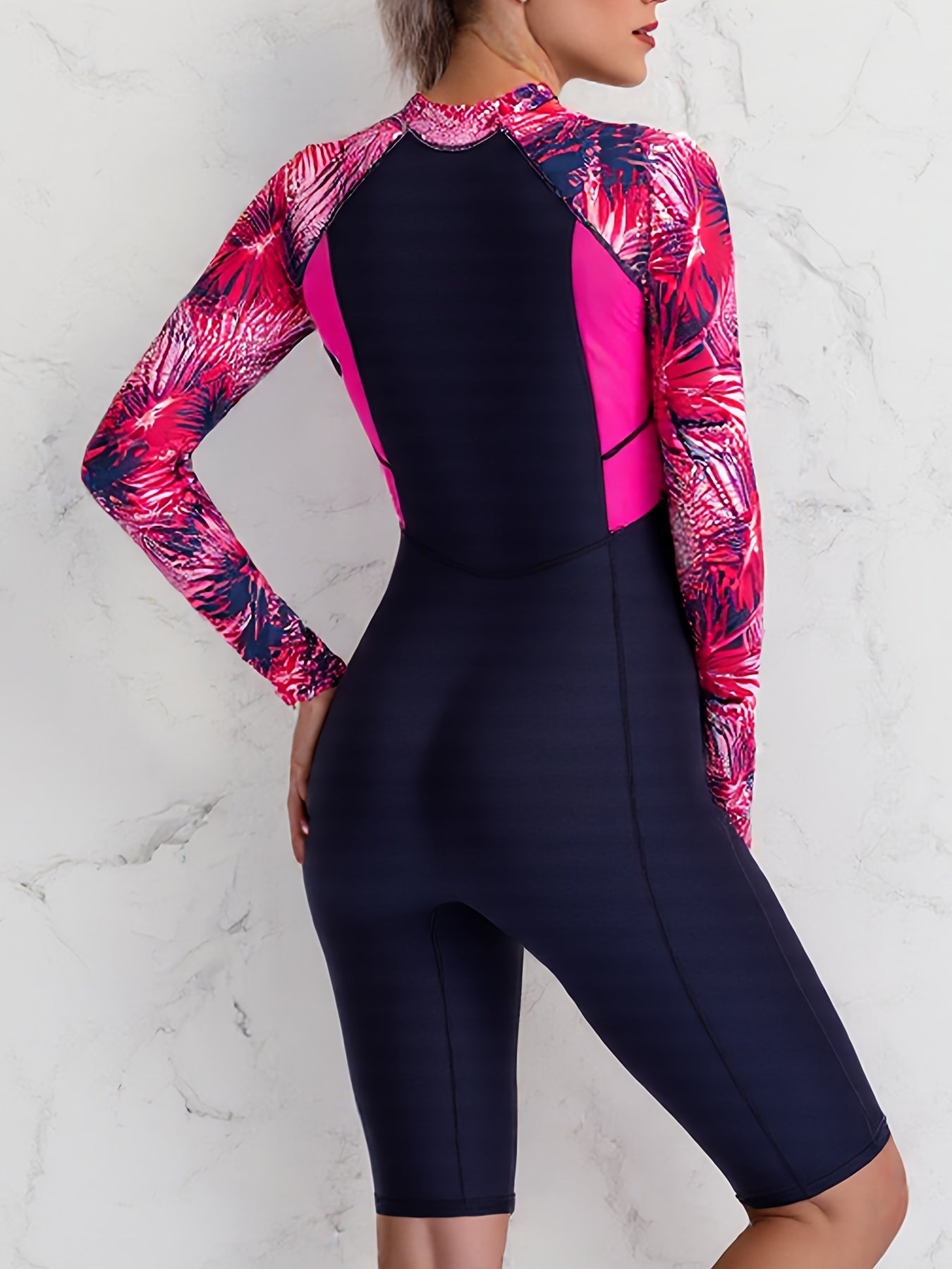Colorblock Long Sleeves One-Piece Swimsuit Women, Zip Front Rash Guard Round Neck Tummy Control Bathing Suit, Women's Swimwear & Clothing NovaCart