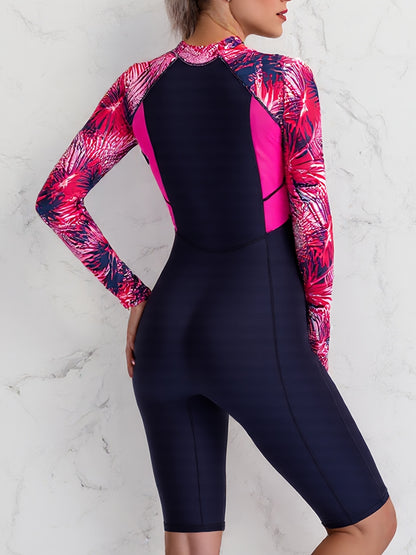 Colorblock Long Sleeves One-Piece Swimsuit Women, Zip Front Rash Guard Round Neck Tummy Control Bathing Suit, Women's Swimwear & Clothing NovaCart