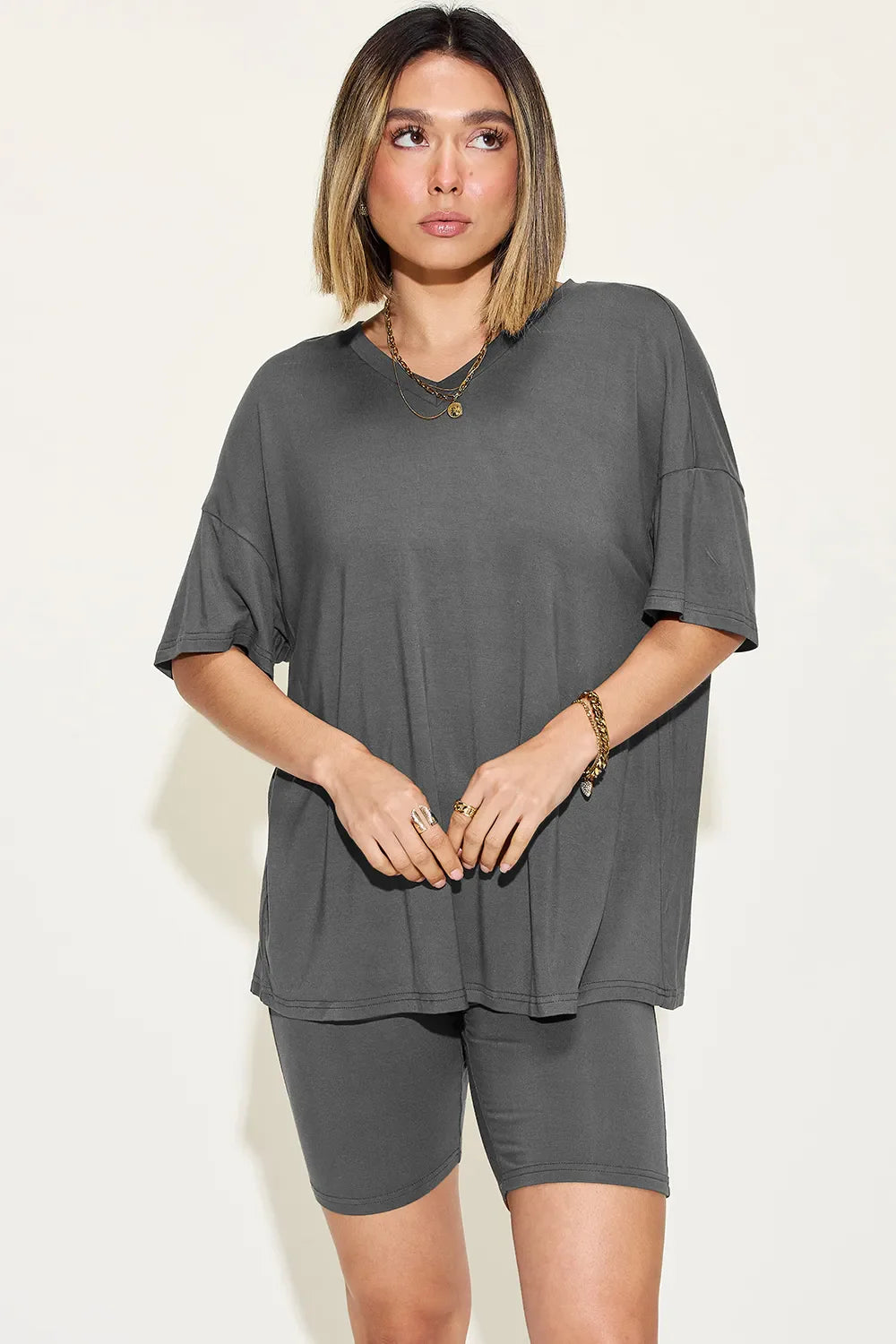 Basic Bae Full Size V-Neck Drop Shoulder T-Shirt and Shorts Set New Era Fashion LLc