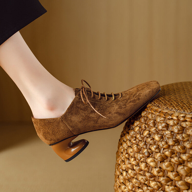 Women's Retro Sheepskin Square Toe Chunky Heel Pumps – Lace-Up Mid Heel FitiqueFit