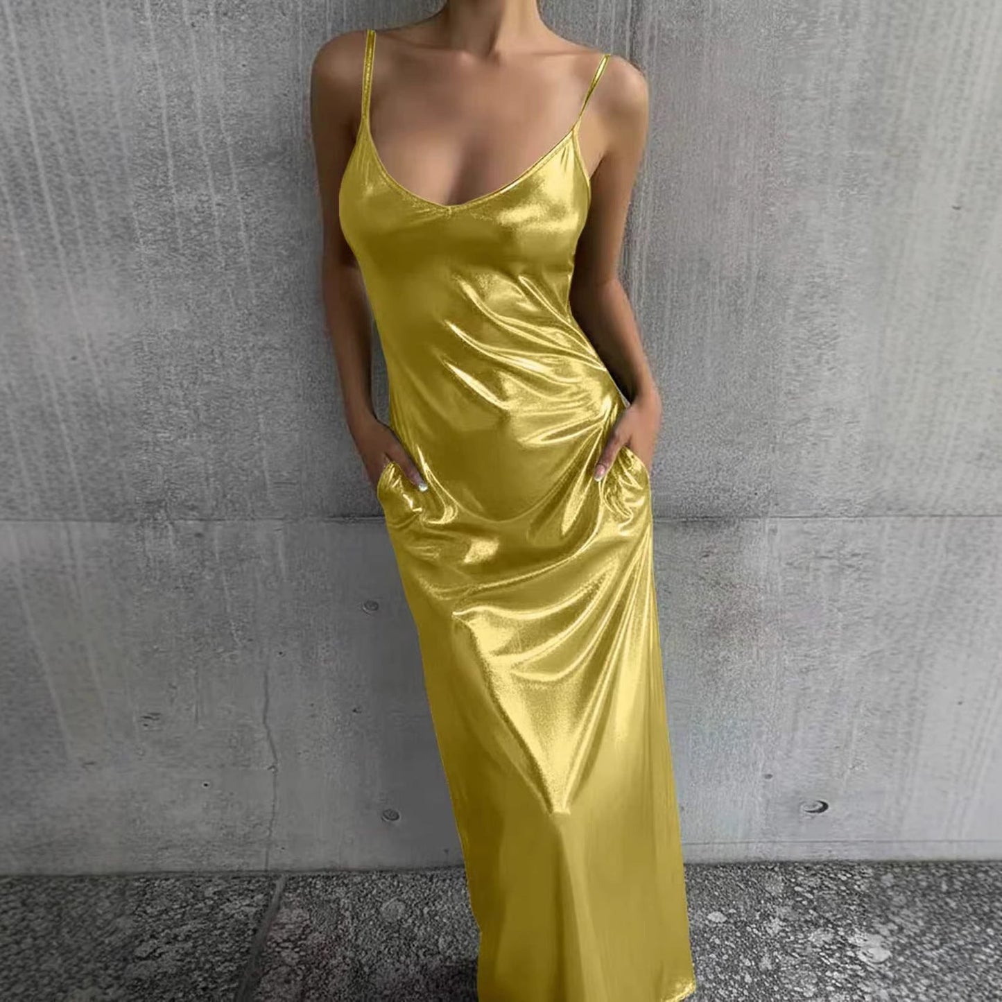 Textured Mirror-Finish U-Neck Slip Maxi Dress with Pockets FitiqueFit