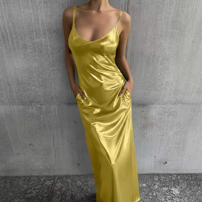 Textured Mirror-Finish U-Neck Slip Maxi Dress with Pockets FitiqueFit