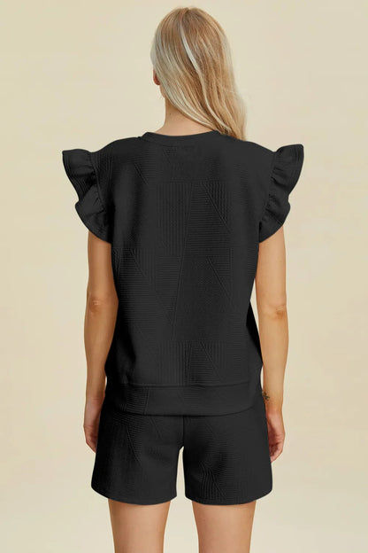 Double Take Full Size Texture Round Neck Ruffle Sleeve Top and Shorts Set West2East Surf