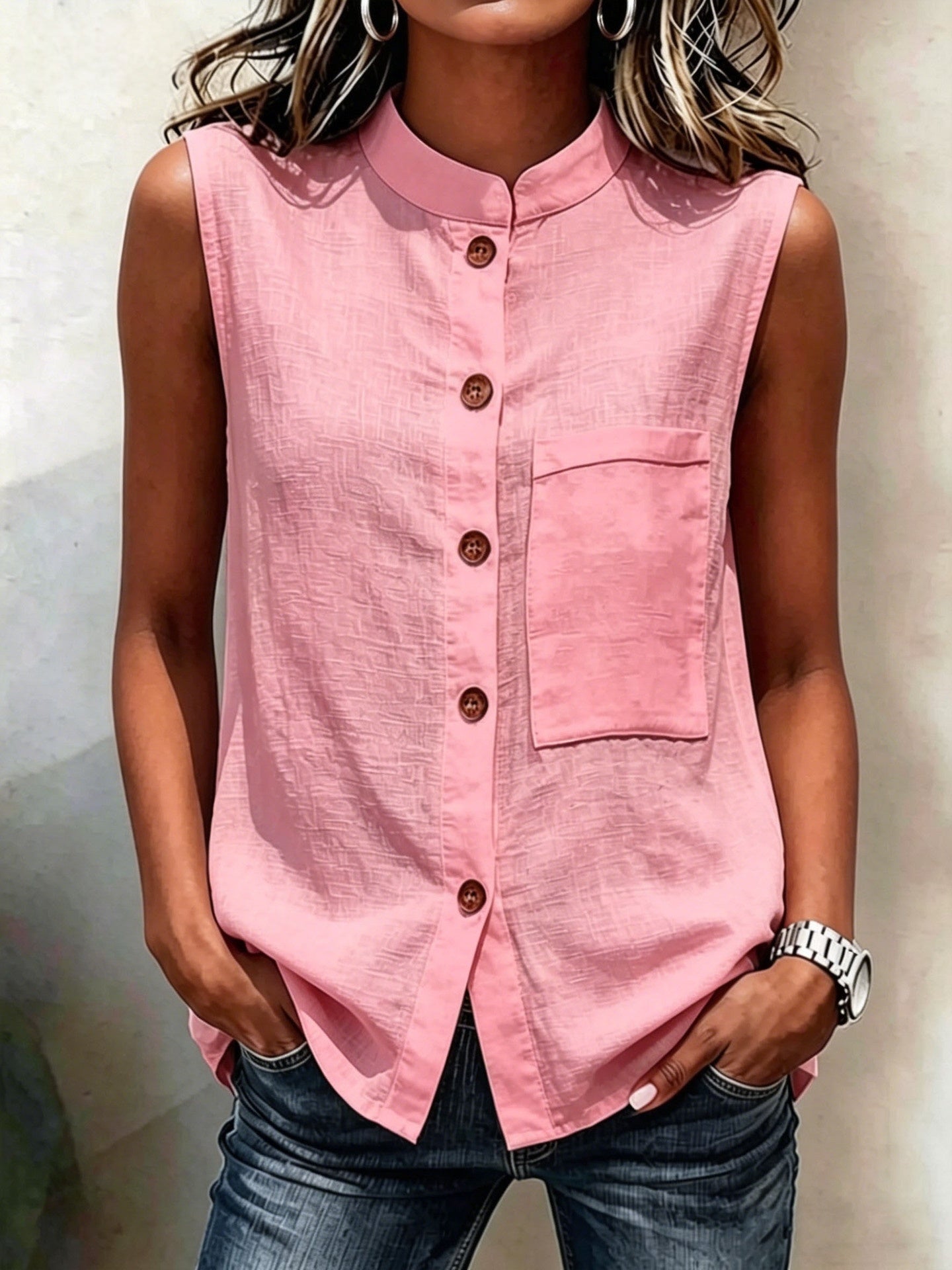Women's Sleeveless Crop Top with Buttoned Pockets – Solid Color FitiqueFit
