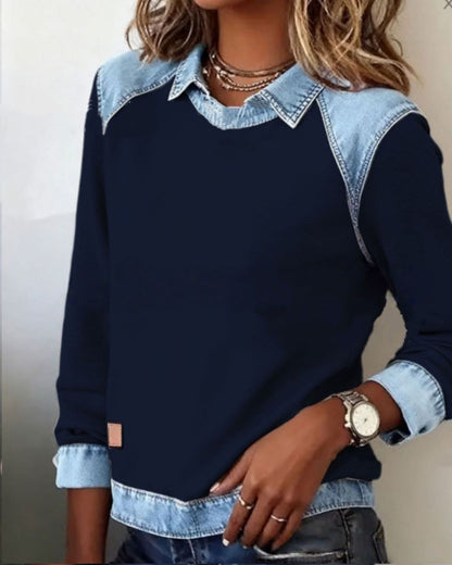 Denim Collar Patchwork Pullover Knitwear Top – Women’s Street Style FitiqueFit
