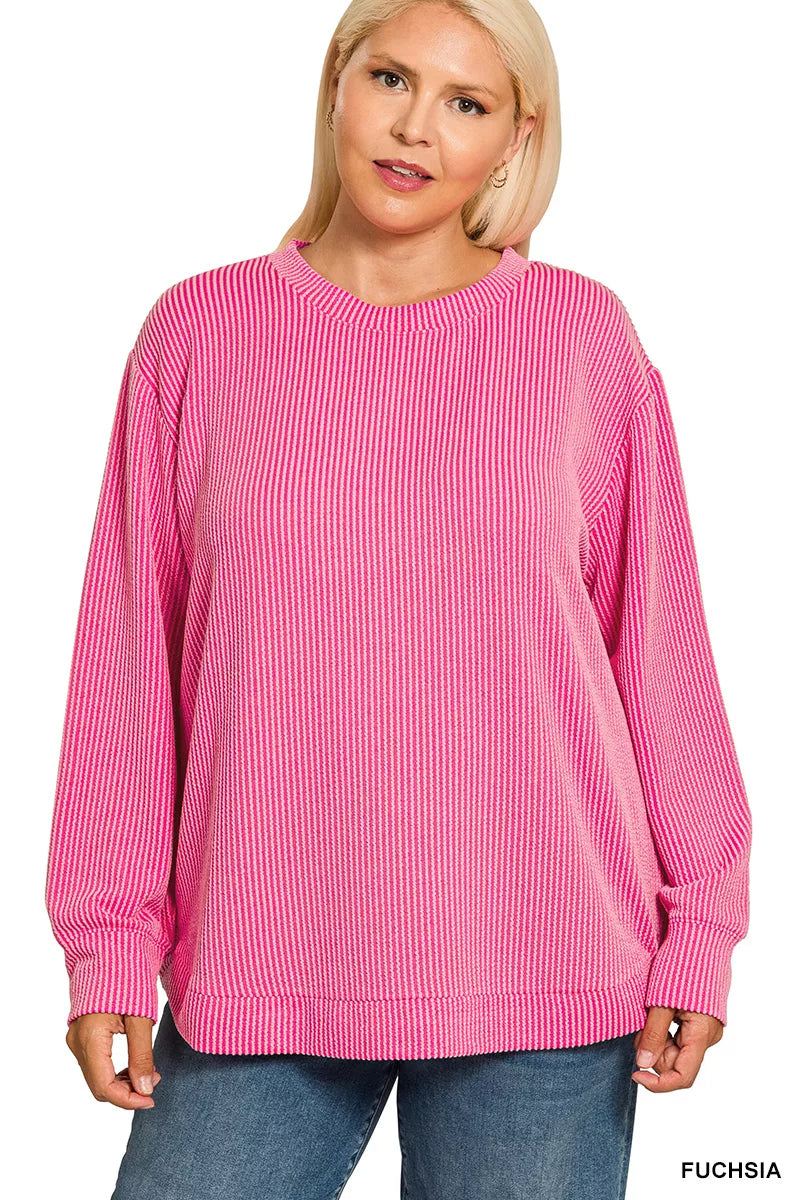 Zenana Full Size Raised Rib Round Neck Long Sleeve Top Plus Size Garden Naked Curves