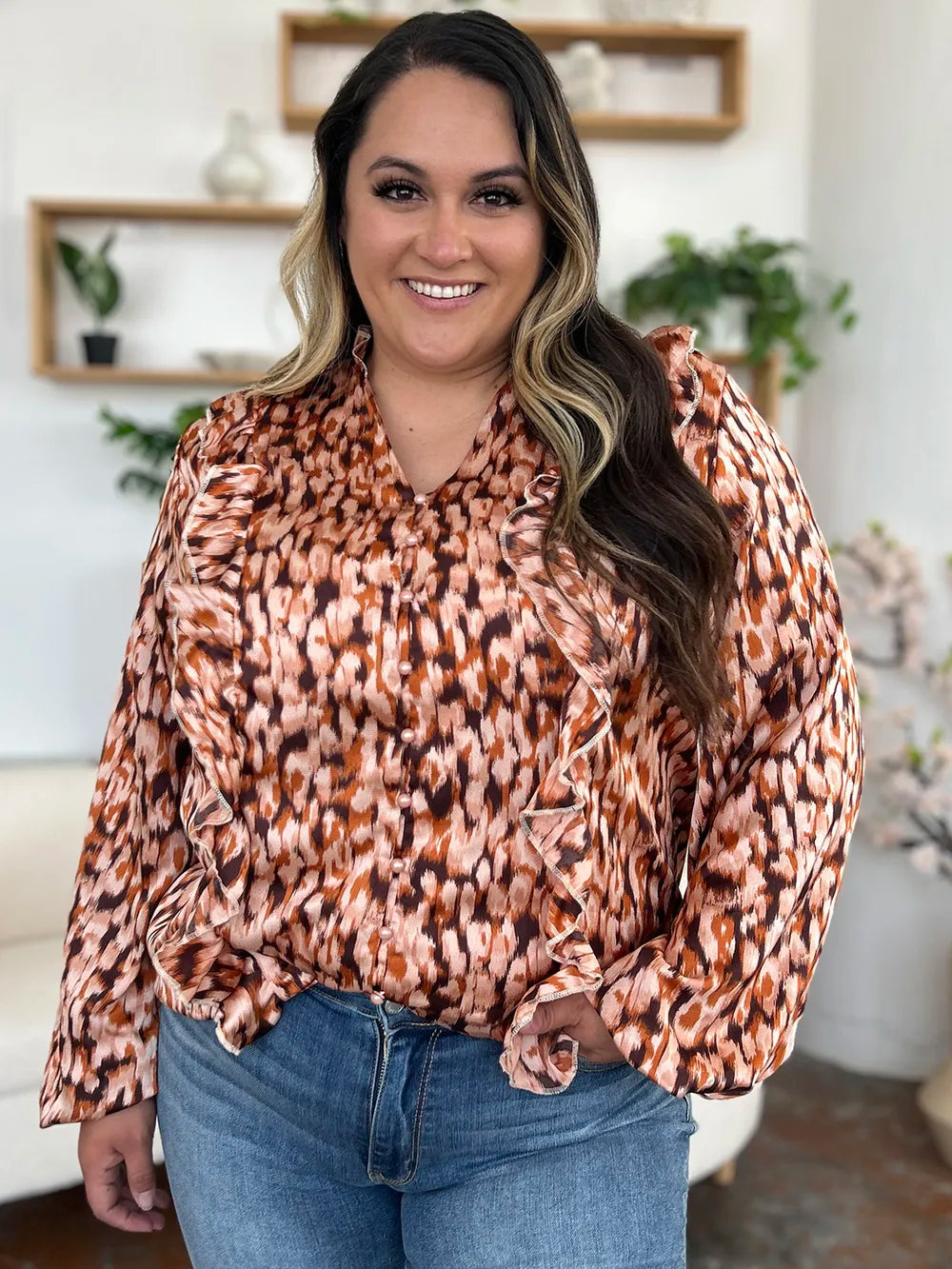 Double Take Full Size Printed Ruffle Trim Balloon Sleeve Shirt New Era Fashion LLc