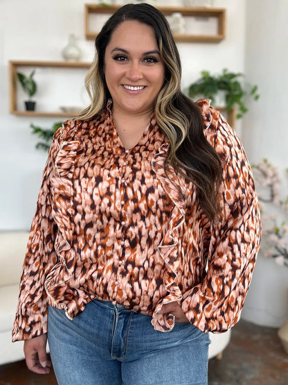 Double Take Full Size Printed Ruffle Trim Balloon Sleeve Shirt New Era Fashion LLc