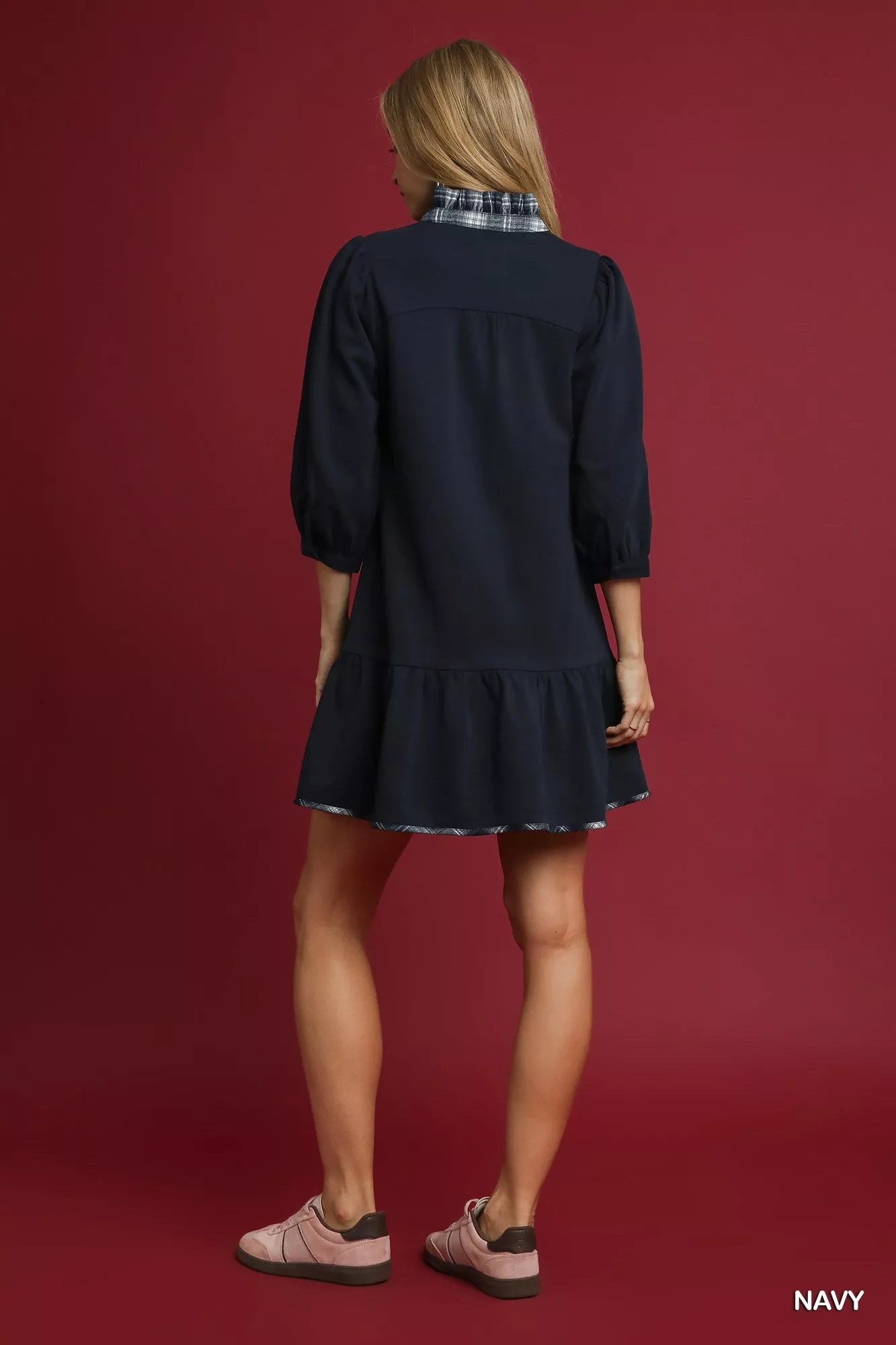Umgee French Terry Ruffle Hem Dress with Plaid Trim West2East Surf