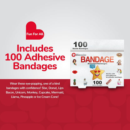 Bandages, Assorted Animal, Fun, and Food Shaped Self Adhesive Bandage Set, Latex Free, Sterile Wound Care, 100 Count