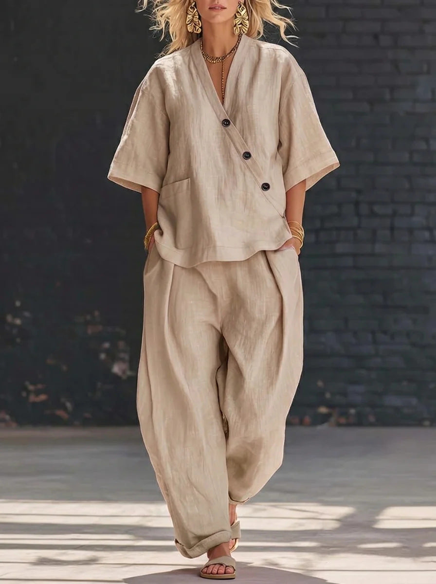 V-Neck Short Sleeve Top & High-Waist Trousers Two-Piece Set FitiqueFit