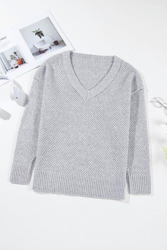 Solid Eyelet V-Neck Drop Shoulder Sweater Shop Style & More | Fresh Looks, Everyday Deals & Free Shipping