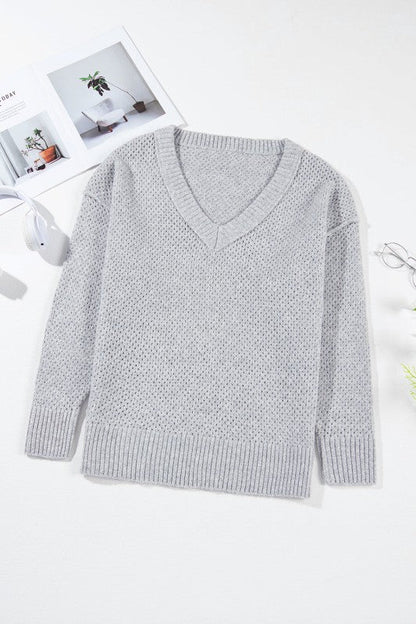 Solid Eyelet V-Neck Drop Shoulder Sweater Shop Style & More | Fresh Looks, Everyday Deals & Free Shipping