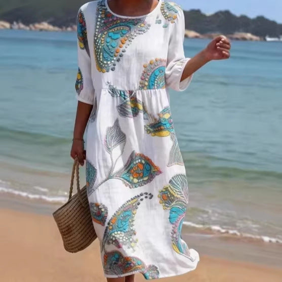 Women's 3D Floral Print Long-Sleeve A-Line Dress – Crew Neck Loose Fit FitiqueFit