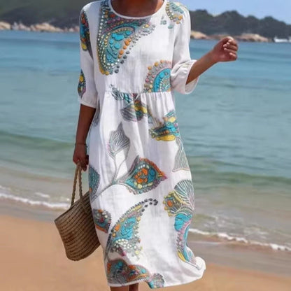 Women's 3D Floral Print Long-Sleeve A-Line Dress – Crew Neck Loose Fit FitiqueFit