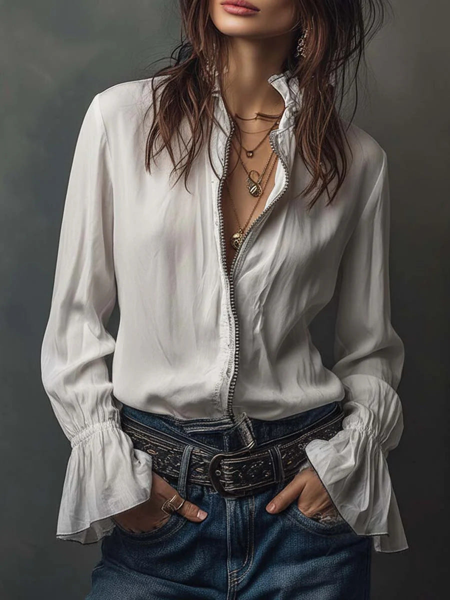 Women's Ruffled Sleeve Resort Shirt – Stretch Casual Long Blouse FitiqueFit