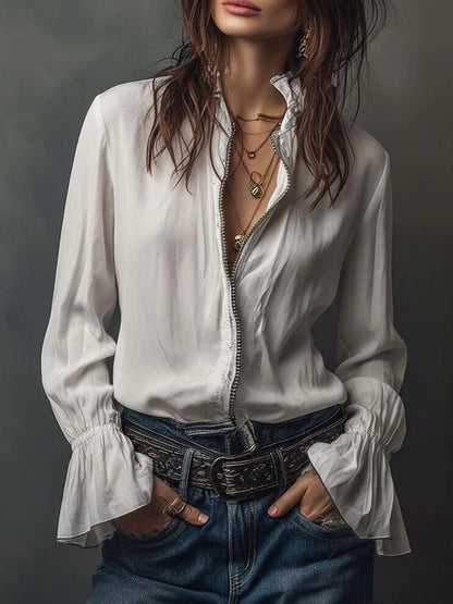 Women's Ruffled Sleeve Resort Shirt – Stretch Casual Long Blouse FitiqueFit