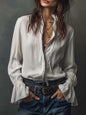 Women's Ruffled Sleeve Resort Shirt – Stretch Casual Long Blouse FitiqueFit