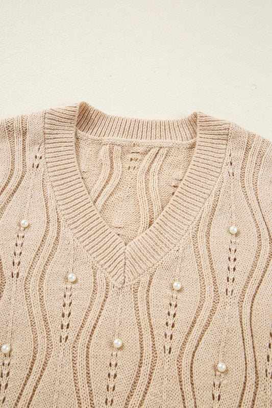 Pearl Beaded Pointelle Knit V-Neck Lace Trim Sweat Shop Style & More | Fresh Looks, Everyday Deals & Free Shipping