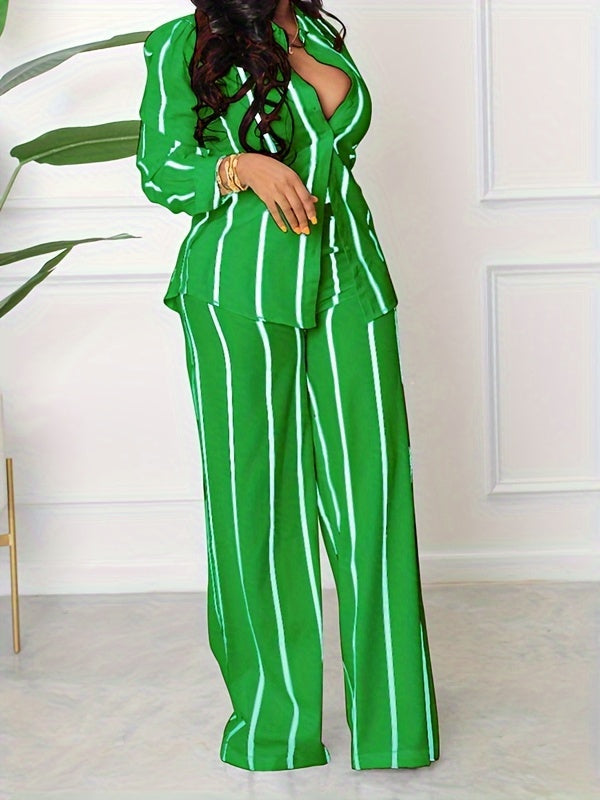 Women's Striped Print Two-piece Set - Button Front Collar Long Sleeve Shirt & High Waist Wide Leg Loose Pants Set - Casual Style - For Women - Perfect for Everyday Wear & Loungewear - Great Gift for Fashionable Women NovaCart