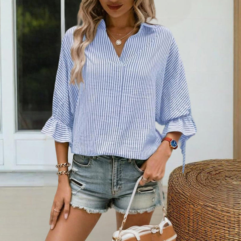 Women’s Striped V‑Neck Blouse with Ruffled Cuffs & Tie‑Back Slit FitiqueFit