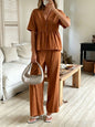 Women's V-Neck Loose Short-Sleeve Top & Wide-Leg Pants Set FitiqueFit
