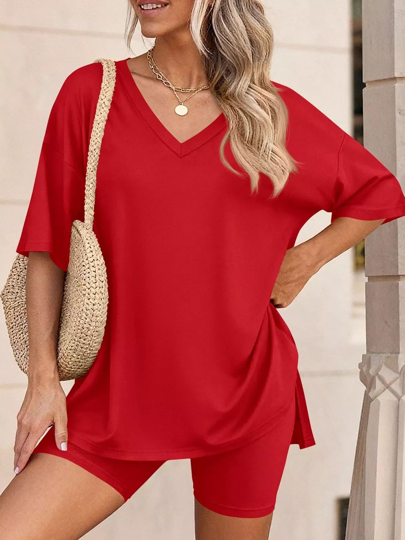 Full Size Casual Loose V-Neck T-Shirt & Shorts Set Plus Size New Era Fashion LLc