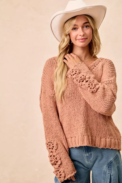 BiBi Chunky Knit Sweater with Flower Detail Sleeves FitiqueFit