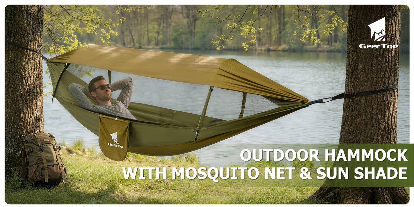 [3-in-1 Hammock] GEERTOP 3-in-1 Outdoor Hammock | Double Sleep Rest Camping Hammock with Mosquito Net Sun Shelter for Backpacking Travel Garden Park NovaCart